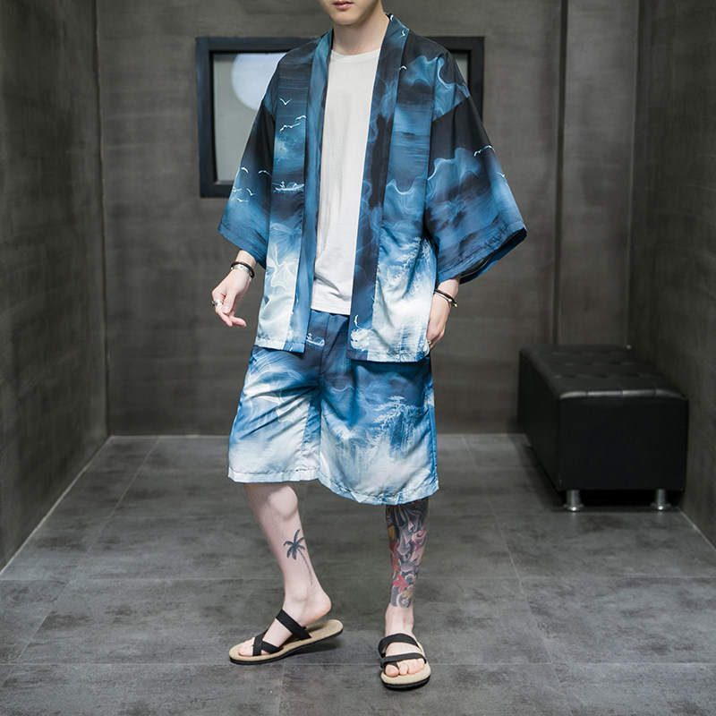 2023风道袍男短袖汉服开衫和服防晒衣套装DS-A008-1-TZK51P70,男装防晒衣,电商A008-1