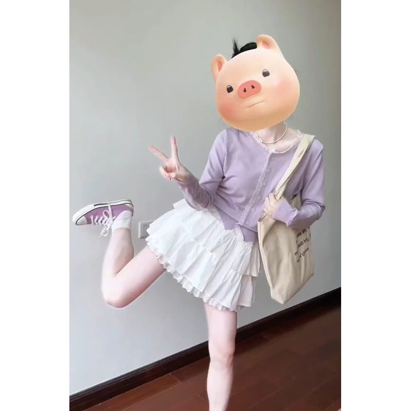 春季新款时尚韩系小个子穿搭紫色针织上衣蛋糕短裙减龄两件套装女