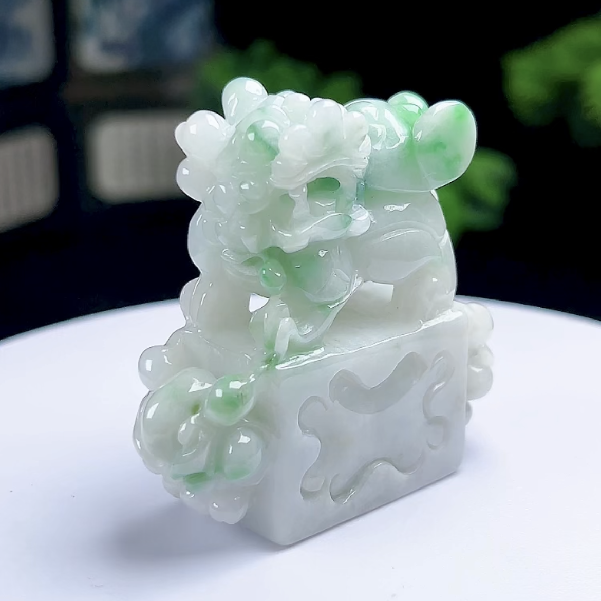 缅甸玉器翡翠麒麟印章 玉麒麟 玉印章 天然A货玉石飘阳绿手把玩件