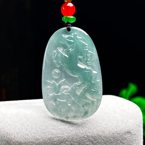 冰底蓝水绿翡翠马吊坠 生肖马玉坠 天然A货玉石马牌玉佩男女送证