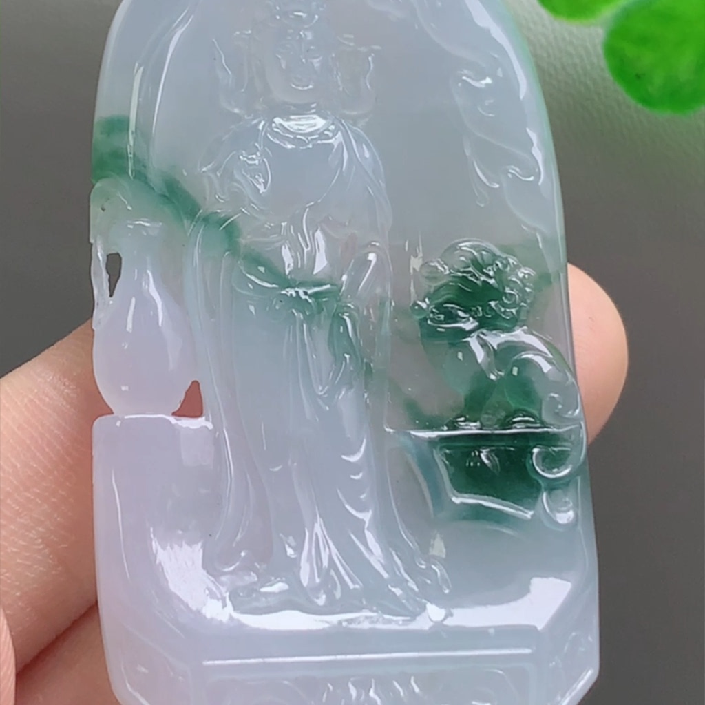 保真缅甸料翡翠天然A货玉石冰飘花文殊菩萨吊坠 生肖兔守护神玉坠