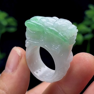 20号招财貔貅戒指缅甸料A货天然玉石翡翠飘绿扳指 玉貔貅指环男款