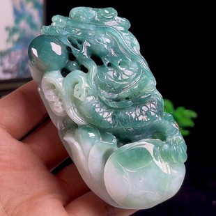 天然A货翡翠蓝翠飘花生肖龙手把件缅甸玉石龙牌吊坠如意龙手玩件