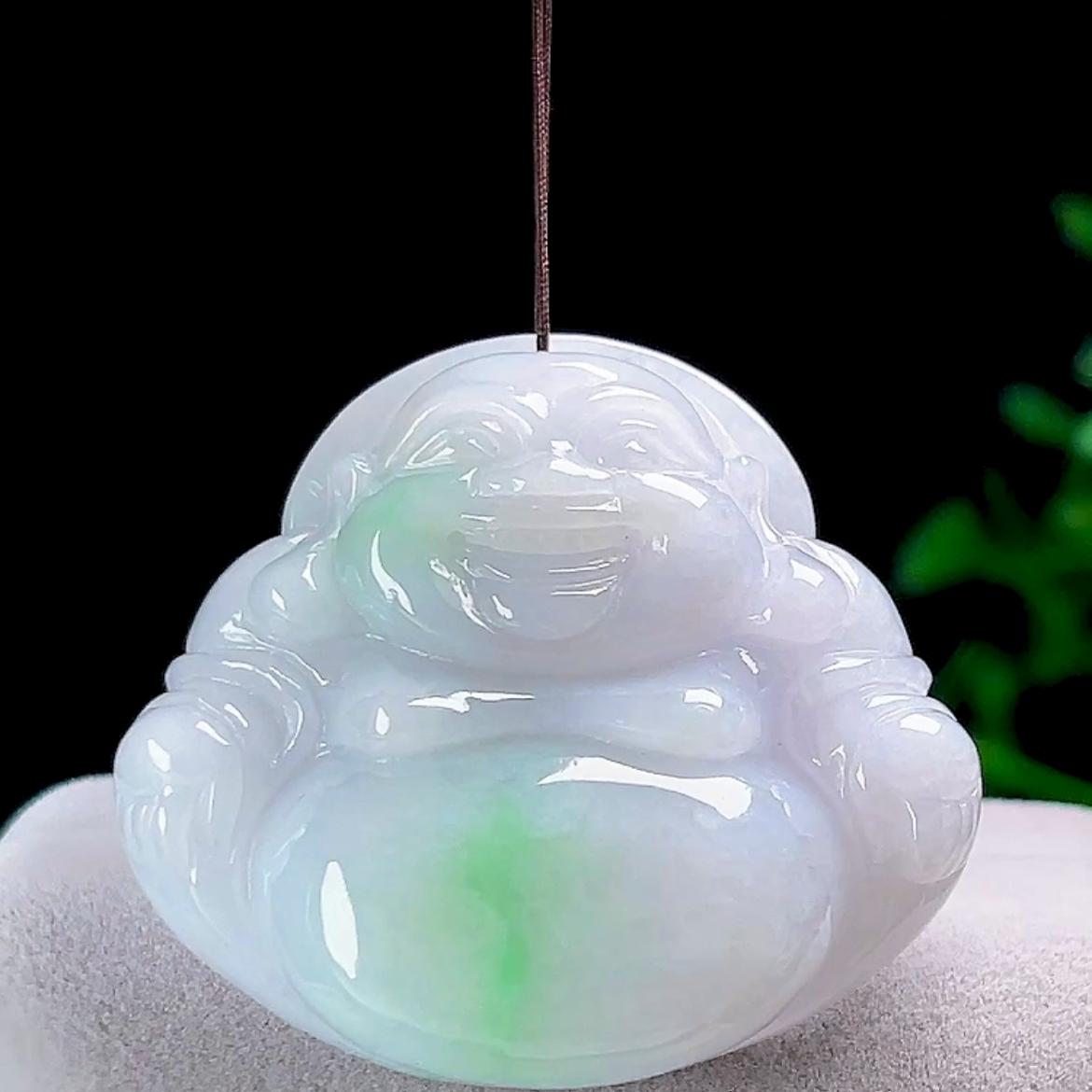 缅甸A货天然玉石翡翠冰飘绿花大佛公吊坠玉佛笑佛玉坠弥勒佛挂件