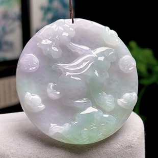 缅甸A货天然玉石翡翠淡紫飘花兔牌吊坠男女生肖兔玉坠小兔子挂件