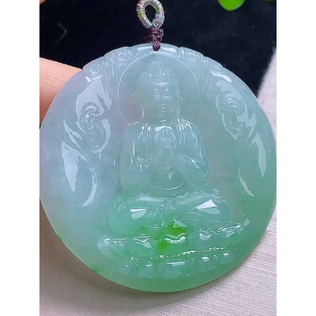 天然A货玉石缅甸料翡翠冰飘绿大日如来佛玉坠 生肖羊猴守护神吊坠