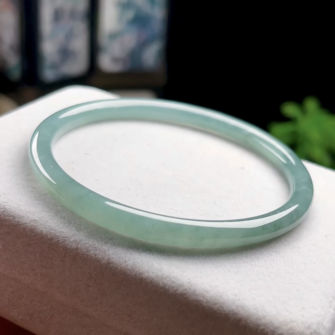 54mm翡翠叮当镯保真天然A货玉石冰蓝水细圆条手镯玉镯子美人条女