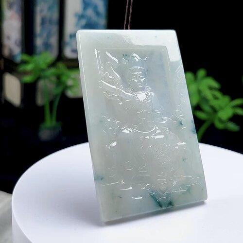 天然A货翡翠缅甸料玉石冰飘花普贤菩萨牌吊坠 生肖龙蛇守护神玉坠
