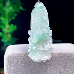 缅甸翡翠A货冰飘花白菜吊坠 正品天然玉石百财纳福玉坠挂件男女款