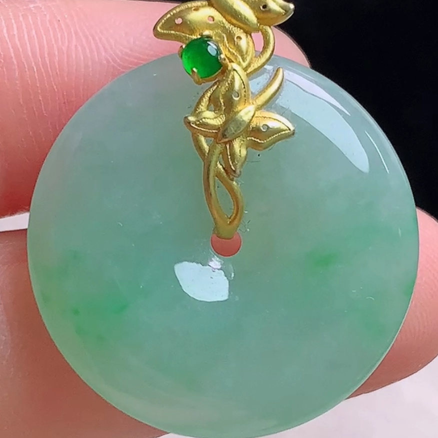 23mm 天然玉石翡翠18K金镶冰晴底平安扣玉坠缅甸A货怀古玉扣吊坠