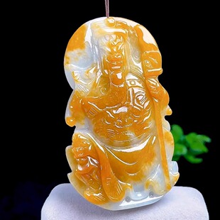 缅甸料翡翠冰飘黄翡关公牌吊坠 天然A货玉石武财神关二哥玉坠大件