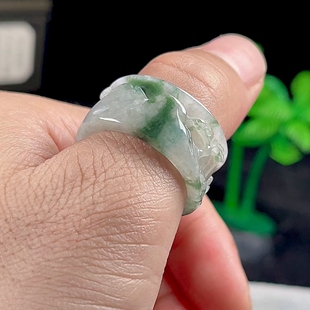 26号21mm缅甸料A货天然玉石翡翠冰飘花扳指大圈口 山水雕刻玉指环