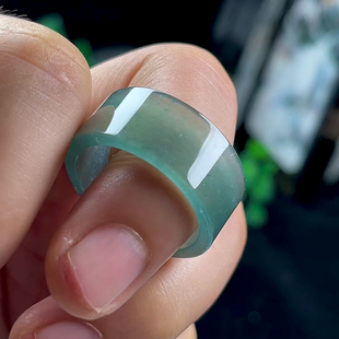 22.6MM老坑冰种蓝水冰绿翡翠扳指男 玉指环玉石戒指方戒平口直边