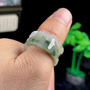 26号21mm缅甸料A货天然玉石翡翠冰飘花扳指大圈口 山水雕刻玉指环