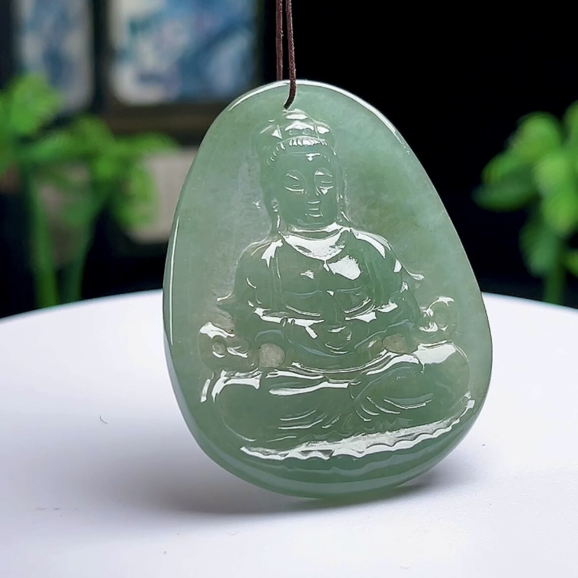 正品缅甸料玉石油青底玉观音吊坠天然A货翡翠护瓶观音玉坠男女款
