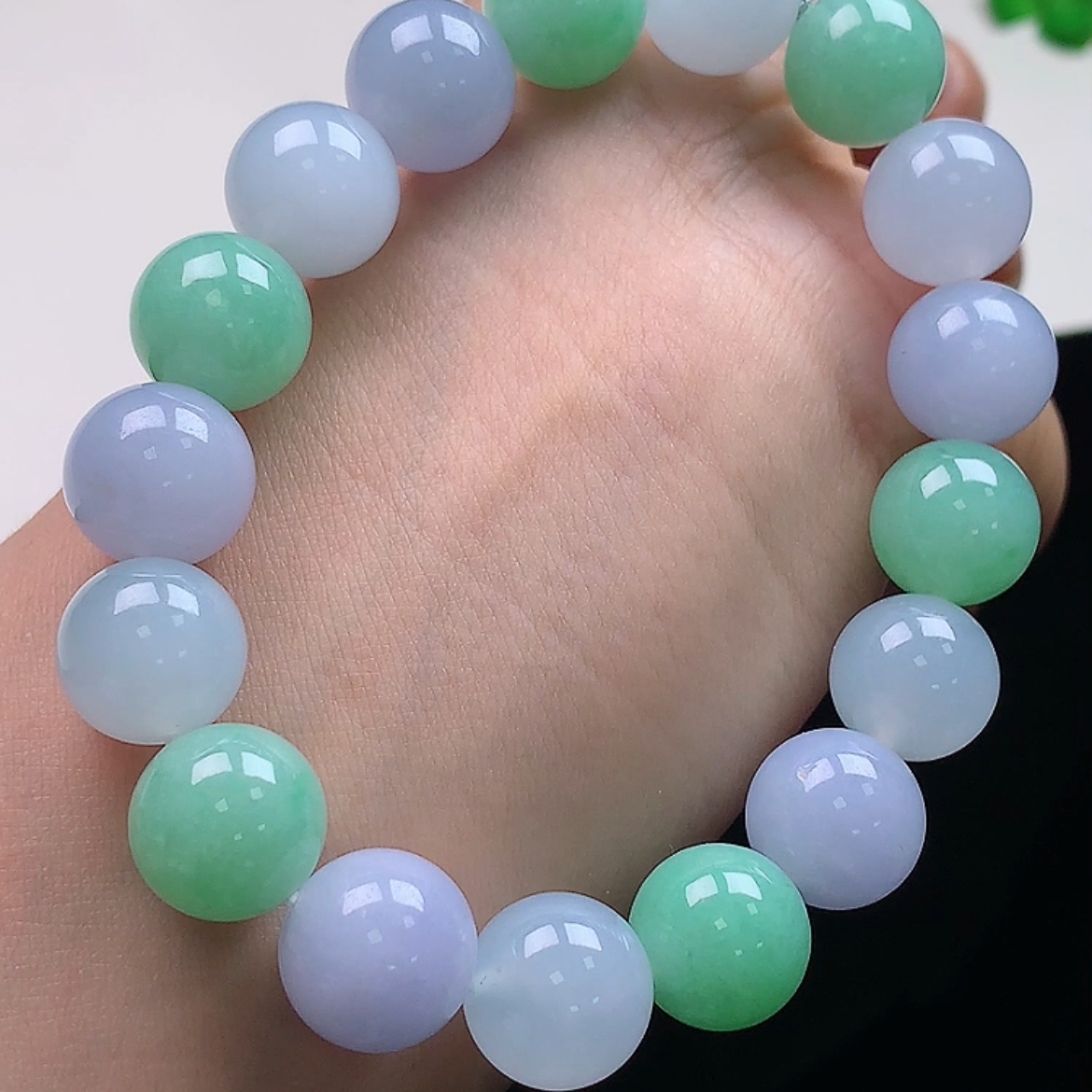 12-13MM缅甸料翡翠冰双彩转运珠手链天然玉石A货手串单圈珠链手串