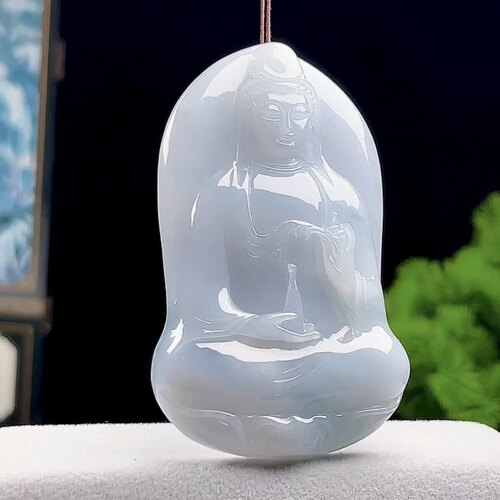 天然翡翠淡紫飘花素衣观音玉坠缅甸料A货玉石护瓶观世音吊坠大件