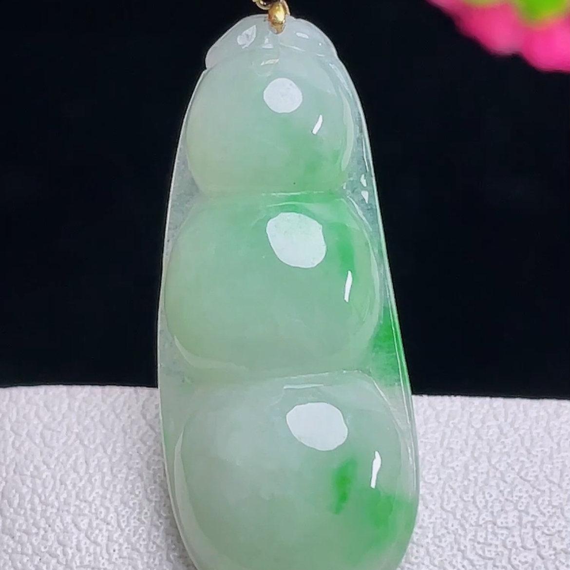 保真缅甸料天然玉石18K金扣福豆玉坠正品翡翠A货冰飘绿四季豆吊坠