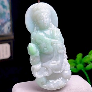 天然翡翠冰飘绿站观音玉坠大件缅甸A货玉石观世音吊坠玉观音挂件