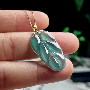 18K金扣高冰种蓝绿翡翠树叶吊坠 保真天然A货玉石叶子玉坠女送证