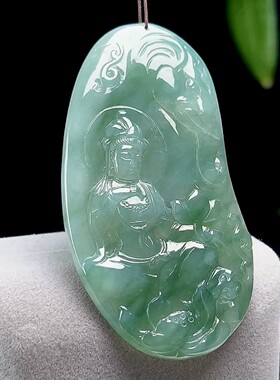 缅甸料天然A货玉石翡翠油青普贤菩萨牌吊坠 生肖龙蛇守护神玉坠