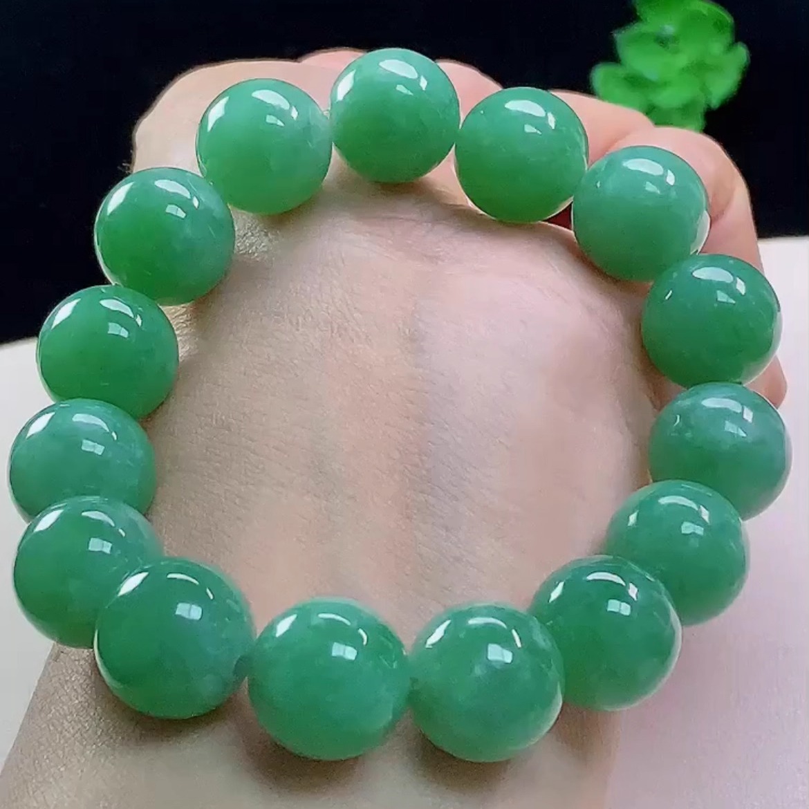 13-14MM缅甸A货冰满绿转运珠手链天然玉石翡翠玉手串单圈珠链男款