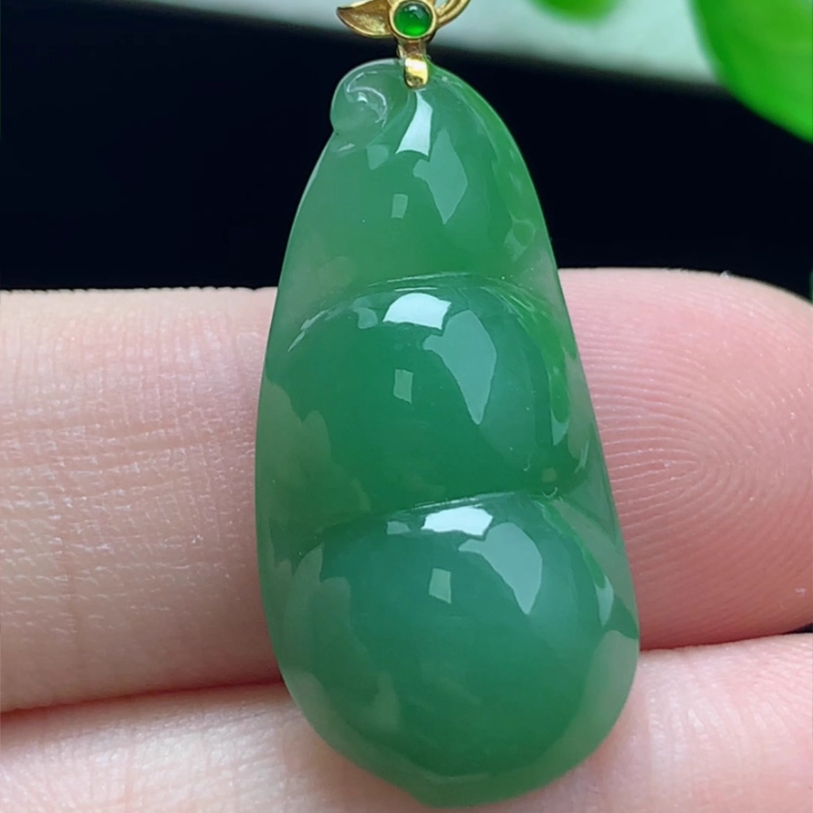 保真缅甸料天然玉石18K金扣福豆玉坠正品翡翠A货满绿四季豆吊坠