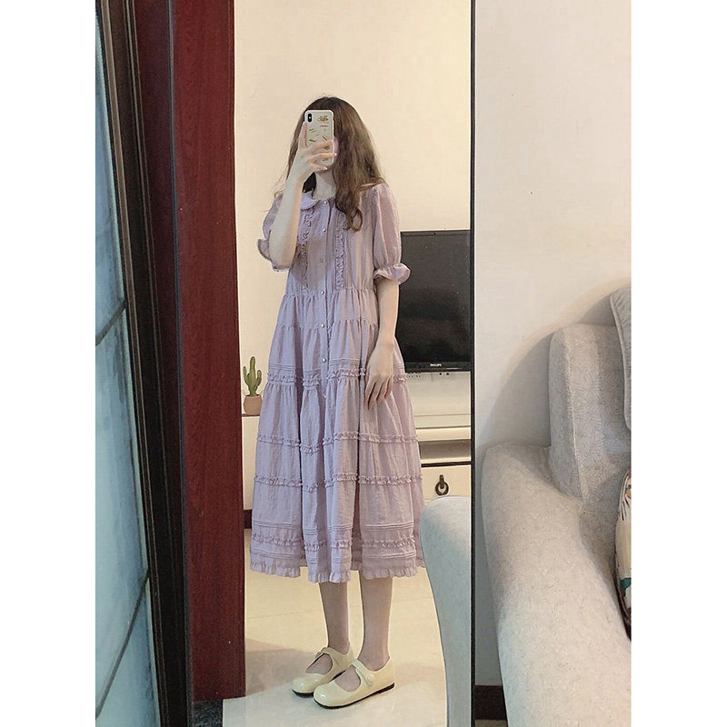 2023年新款法式茶歇绝美高级感小个子娃娃领紫色洋装女夏季长裙