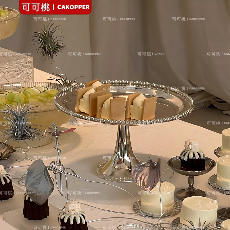 韩式不锈钢银色高脚盘婚礼甜品台摆台镜面蛋糕托盘户外宴会展示架