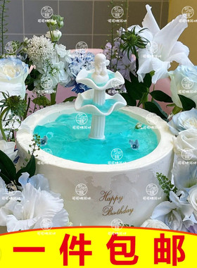 罗马艺术摆件许愿池小天使生日蛋糕装饰喷泉水池配件花朵硅胶模具