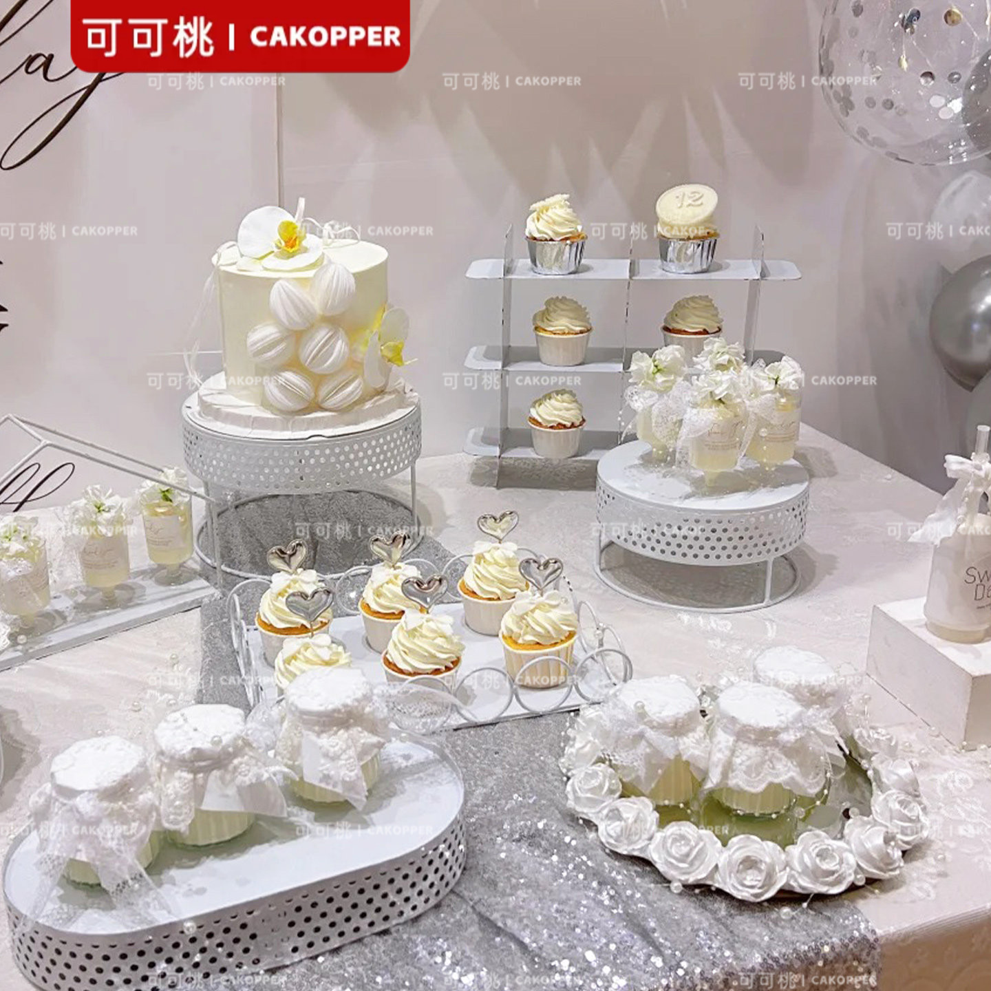 韩式小清新白色订婚甜品台插牌结婚纸杯蛋糕love摆件推推乐筒绑带