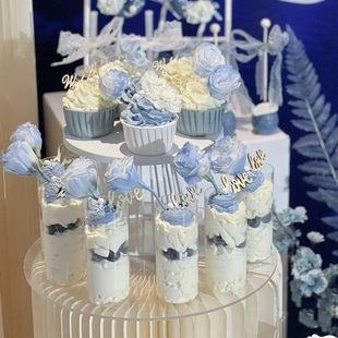 蓝白色婚礼甜品台装 饰蓝色木质love插牌纸杯马卡龙蛋糕布置摆件