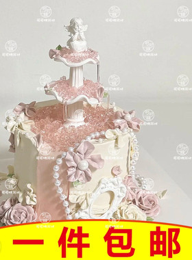 2025七夕节丘比特小天使许愿池蛋糕装饰摆件唯美珍珠链格桑花模具