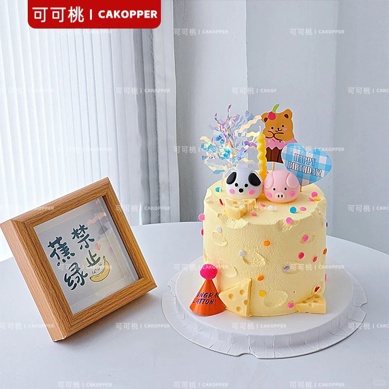 韩式奶酪蛋糕装饰摆件软胶小猪小狗头网红儿童生日烘焙慕斯杯插件