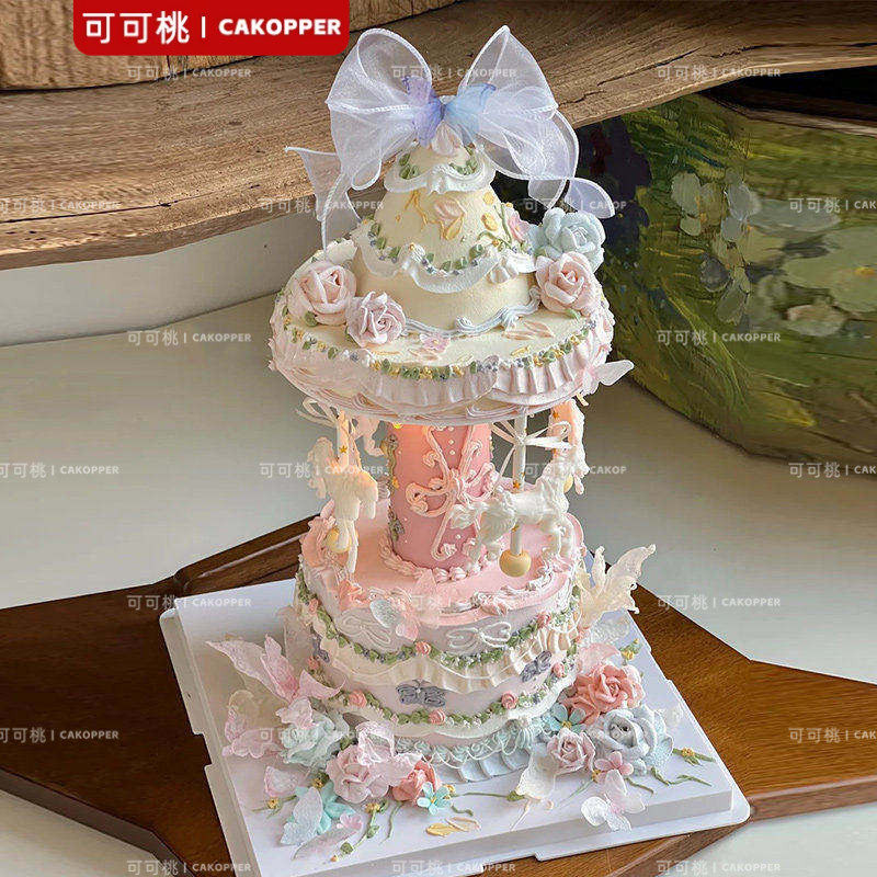 韩式复古双层旋转木马蛋糕支架悬浮自动电动蛋糕转台底托早晨同款