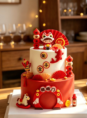 中式百天甜品舞狮插牌儿童周岁生日派对蛋糕装饰国风卡通摆件插件