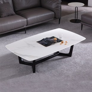 北欧简约椭圆形岩板实木支架茶几 意式现代大理石客厅马肚形茶几