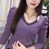 女秋冬泡泡袖 修身 小衫 烫钻V领打底针织衫 设计感时尚 磨毛百搭上衣