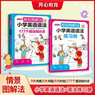 情景图解法小学英语语法+练习册（共2册）二三四五六年级小学英语思维导图学音标单词句型公式词性时态大全 配视频讲解 开心教育