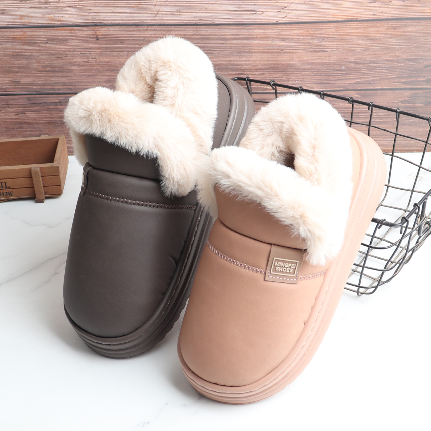 PU皮面防水耐脏外穿防寒高帮包跟棉鞋女厚底防滑保暖加厚情侣男冬