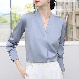 白领哥弟新2025春秋真丝衬衫 高级感缎面职业v领桑蚕丝上衣 女长袖