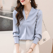 高级感时尚 女长袖 V领衬衣桑蚕丝上衣 蓝色真丝衬衫 2026春秋新款