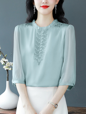 2025夏新款重磅真丝衬衫女短袖遮肚子宽松大码刺绣桑蚕丝T恤上衣