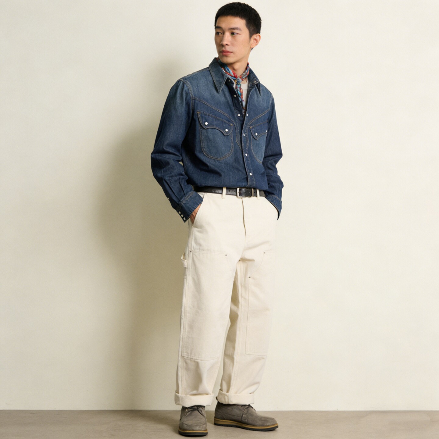 男士西部工装牛仔蓝衬衫春秋衬衣