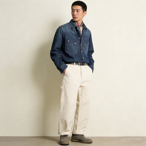 男士西部工装牛仔蓝衬衫春秋衬衣