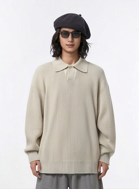 F.TOBO纯色翻领外套针织衫男2025秋冬简约时尚百搭情侣款毛衣上衣