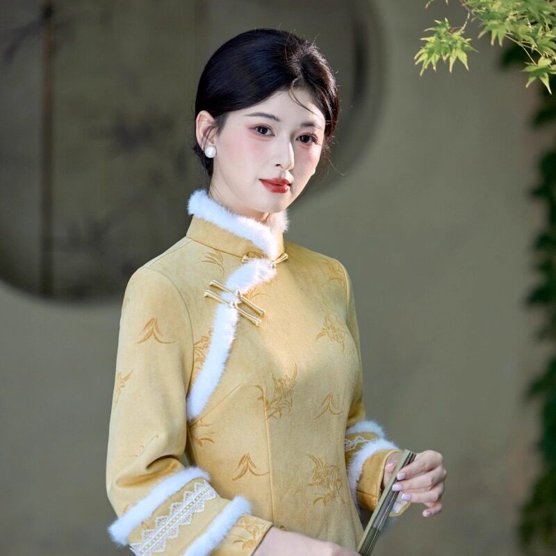 新中式风黄色长袖加绒2025新款