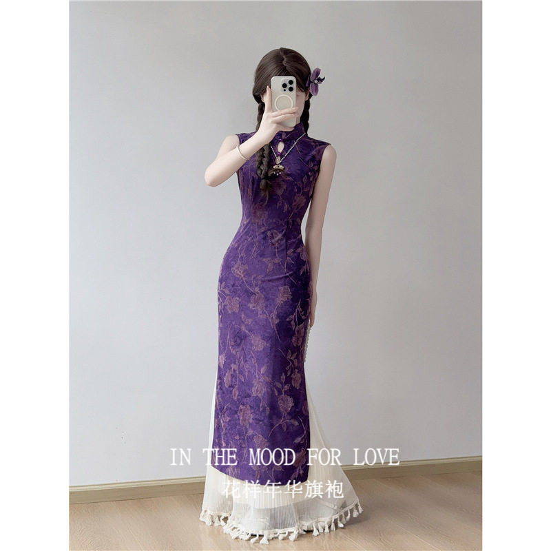 四小姐花样年华旗袍紫色复古无袖女小个子短款夏季独特漂亮2026