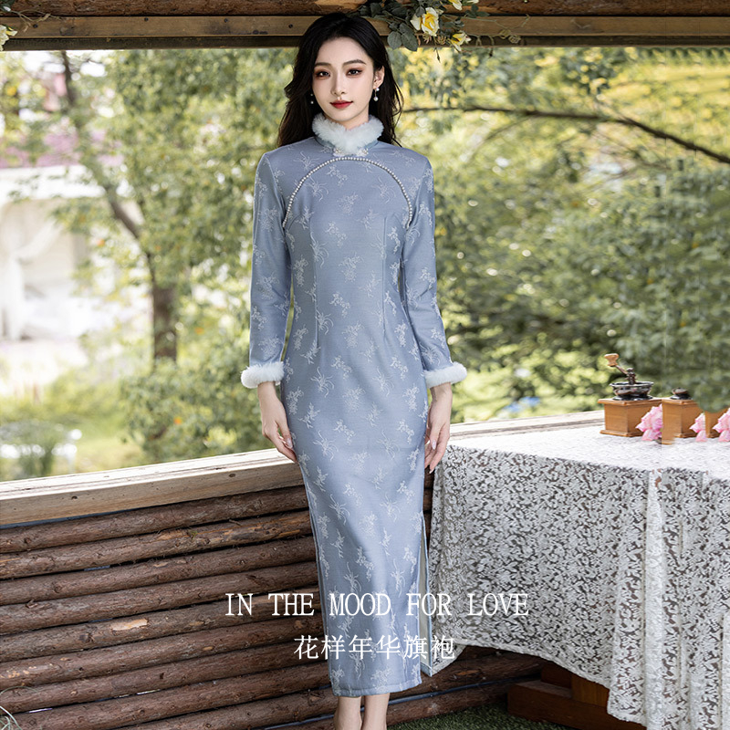 蓝色加绒加厚国风长款冬装