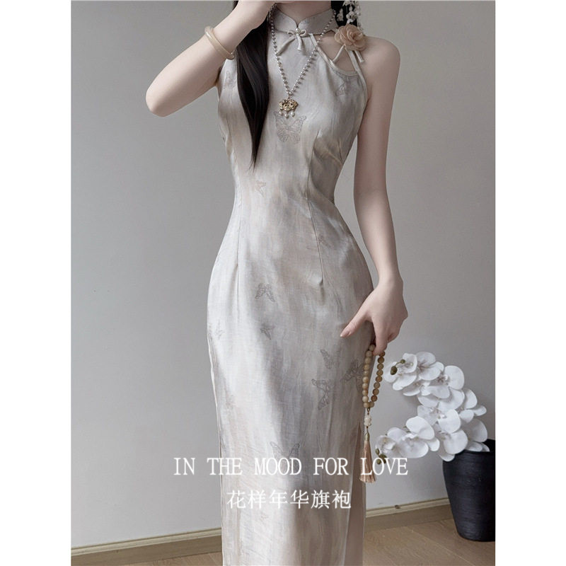 四小姐花样年华旗袍女新中式性感露肩气质连衣裙小个子米灰色2026